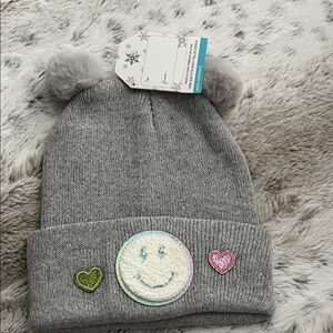Kids Gray Pom-Pom Beanie Hat with Smiley Patch